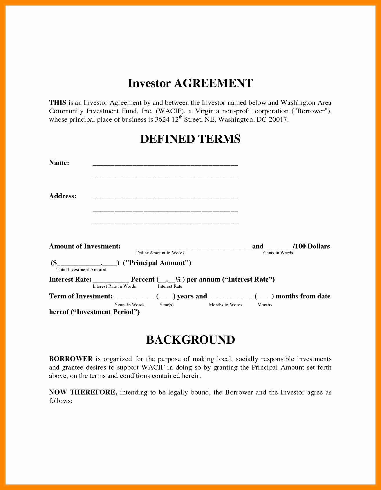 Investors Contract Agreement Inspirational Investor Document