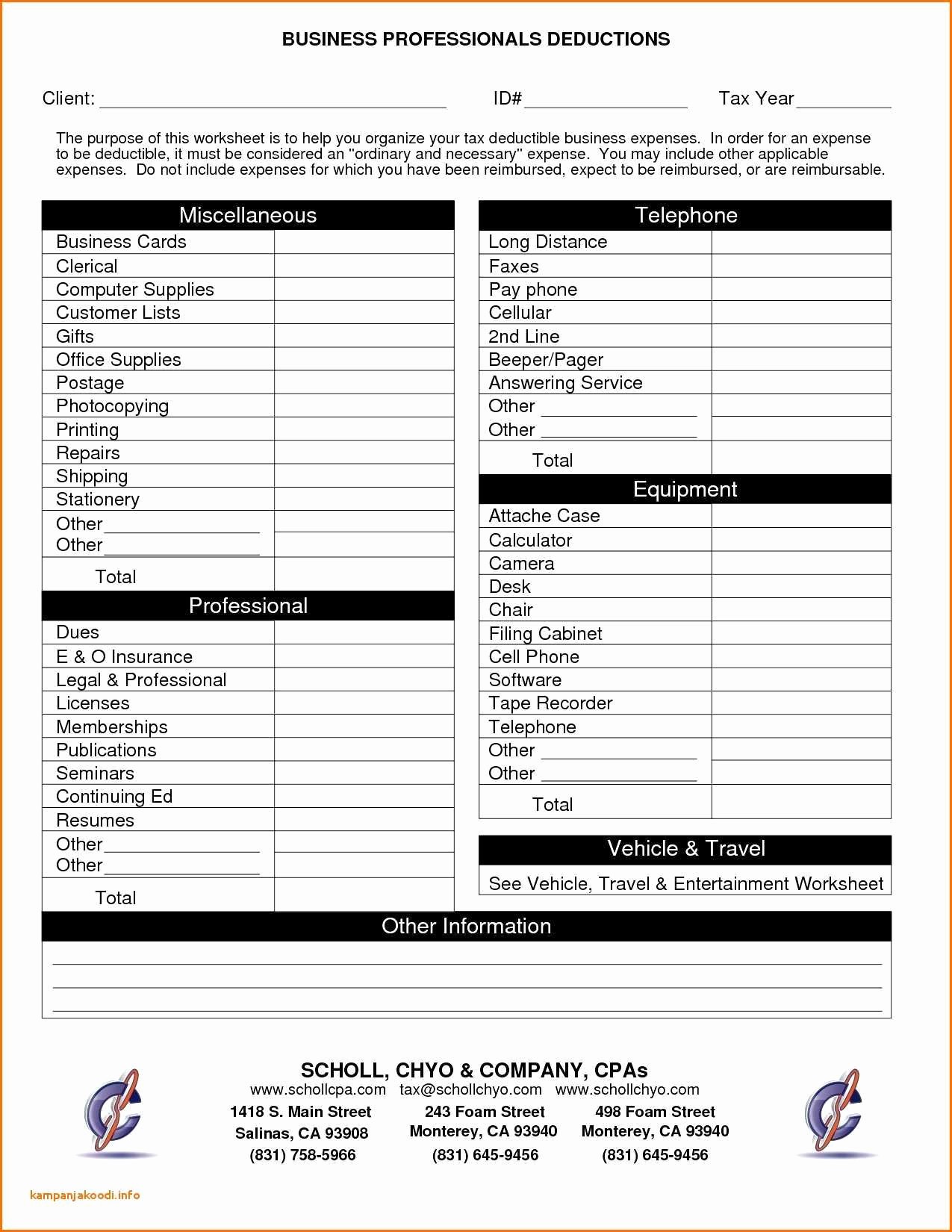Itemized Deductions Worksheet For Small Business Awesome Tax Document