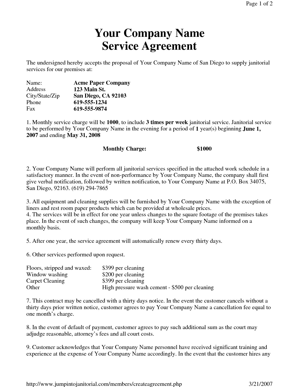 Janitorial Service Agreement By Hgh19249 Sample Document Contracts Templates