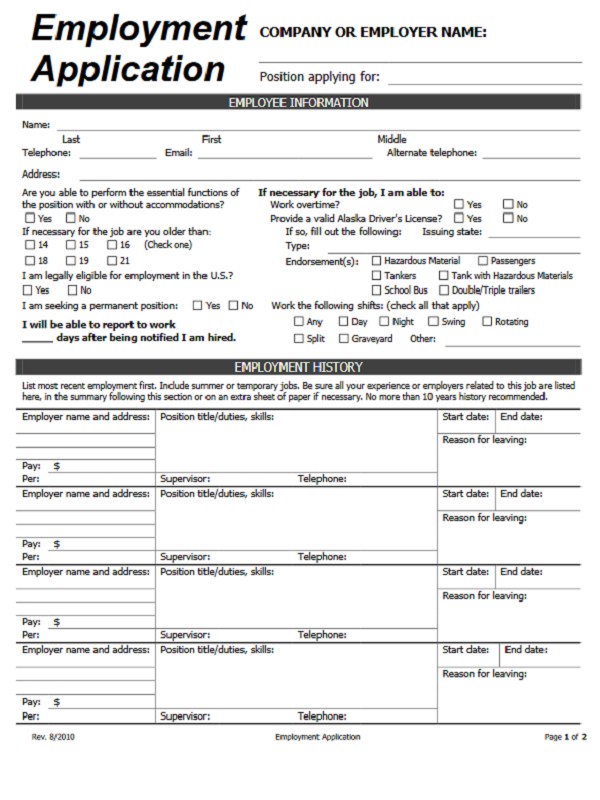 Job Application Form Example Document Applying