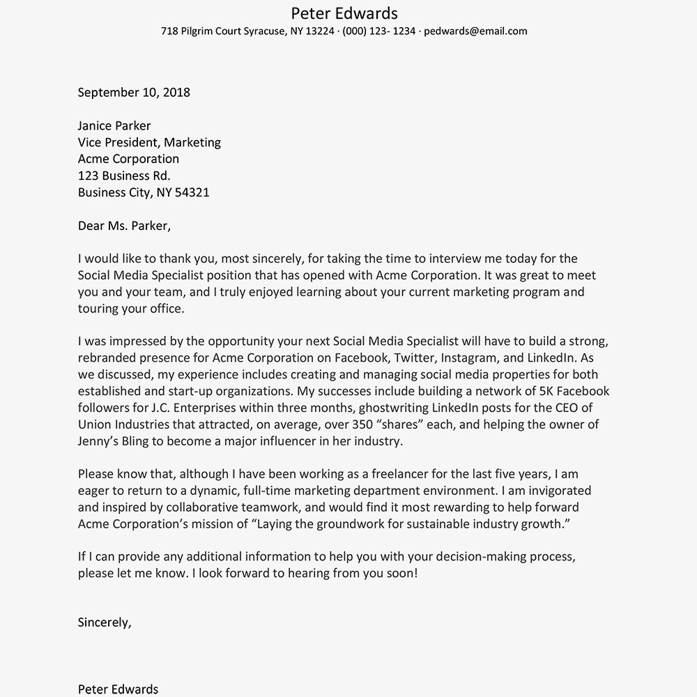 Job Interview Thank You Letter And Email Examples Document