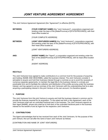 Joint Venture Agreement 2 Template Sample Form Biztree Com Document Doc