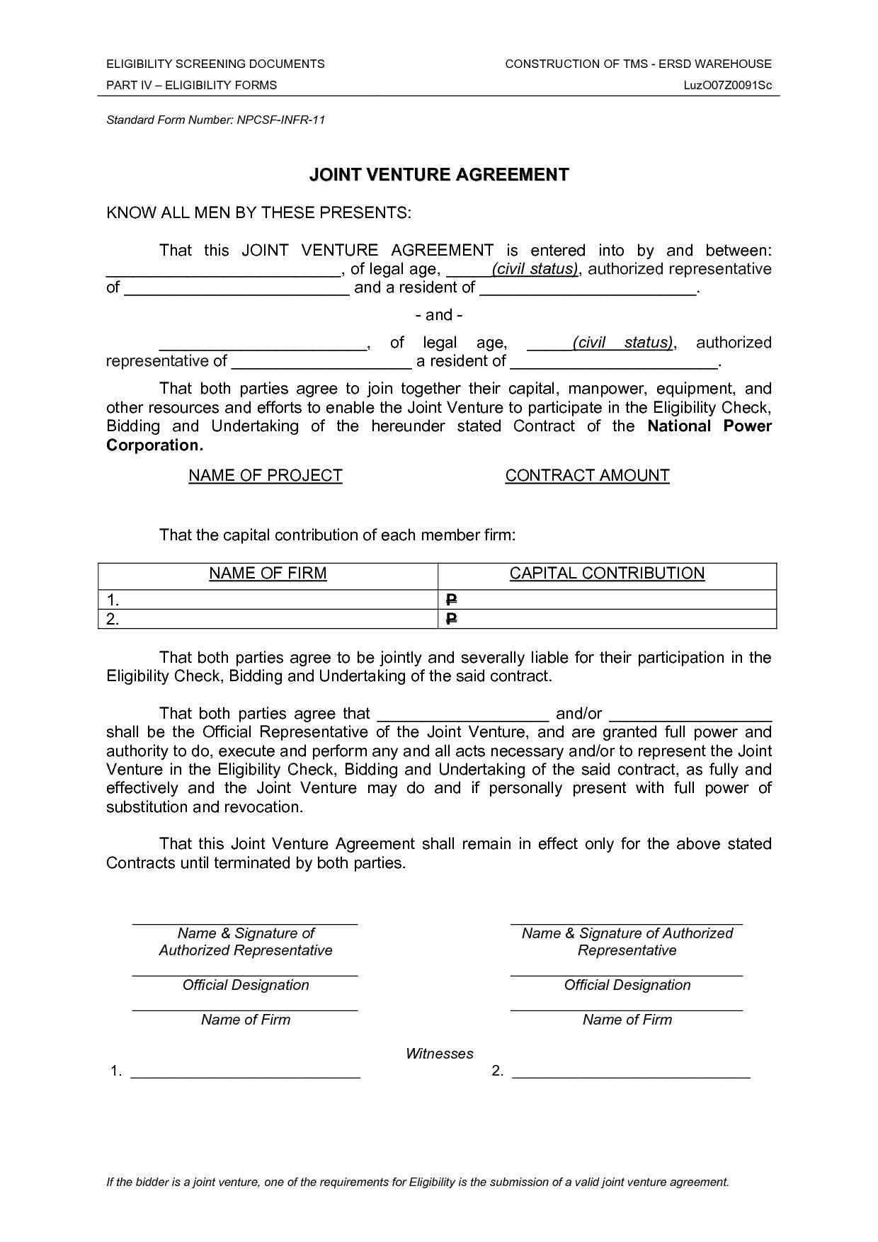 Joint Venture Agreement Templates Sample Document Free Template
