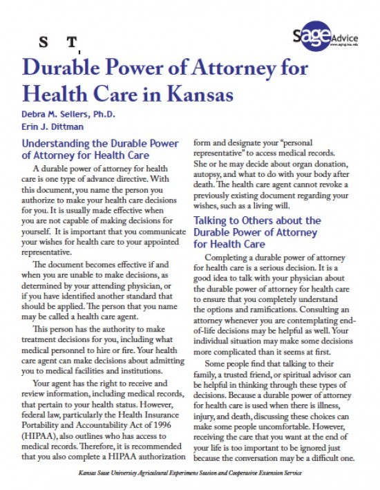 Kansas Medical Power Of Attorney Form Document Durable