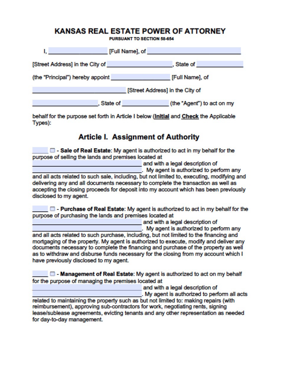 Kansas Real Estate ONLY Power Of Attorney Form Document