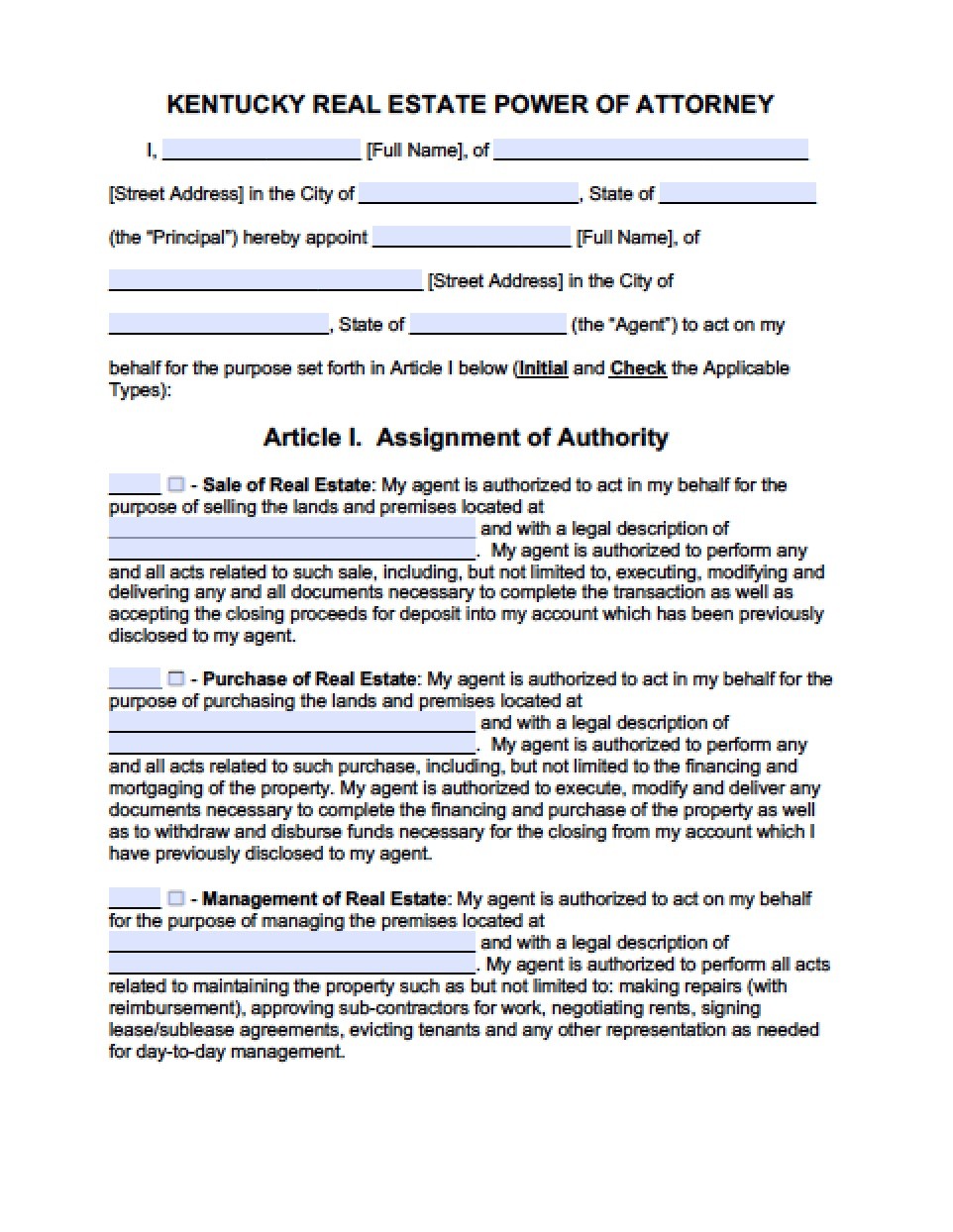 Kentucky Real Estate ONLY Power Of Attorney Form Document Durable
