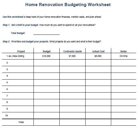 Kitchen Remodel Budget Template Home Renovation Budgeting Document Cost Spreadsheet