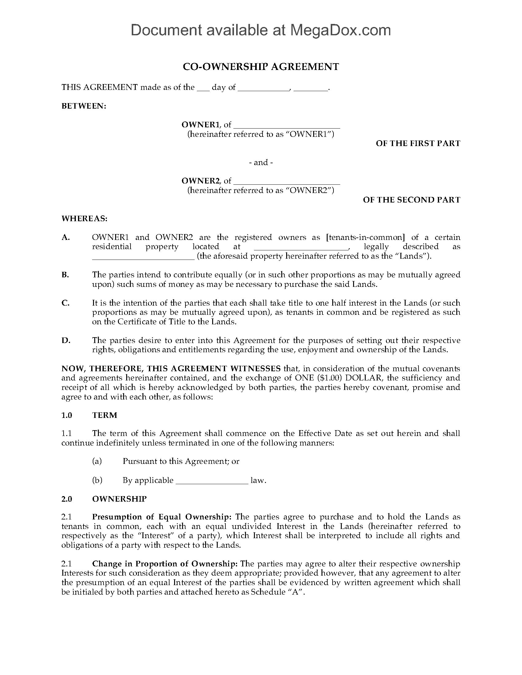 Land Co Ownership Agreement Legal Forms And Business S Document Contract