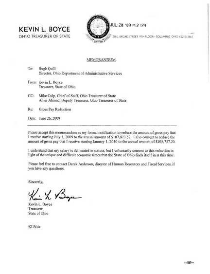 Letter Carries State Treasurer Kevin Boyce S Request To Cut His Own Document Salary Reduction Letters