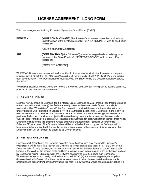 License Agreement Long Form Template Sample Biztree Com Document Bet Contract
