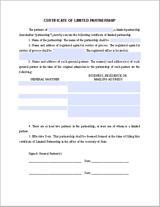 Limited Partnership Certificate Template Free Fillable PDF Forms