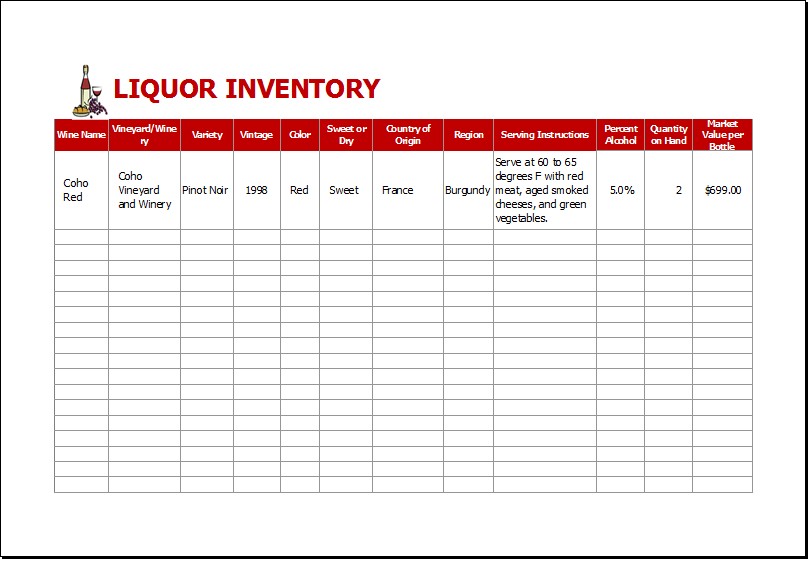 Liquor Inventory Sheet Template For EXCEL Excel Templates Document Sample Bar Spreadsheet