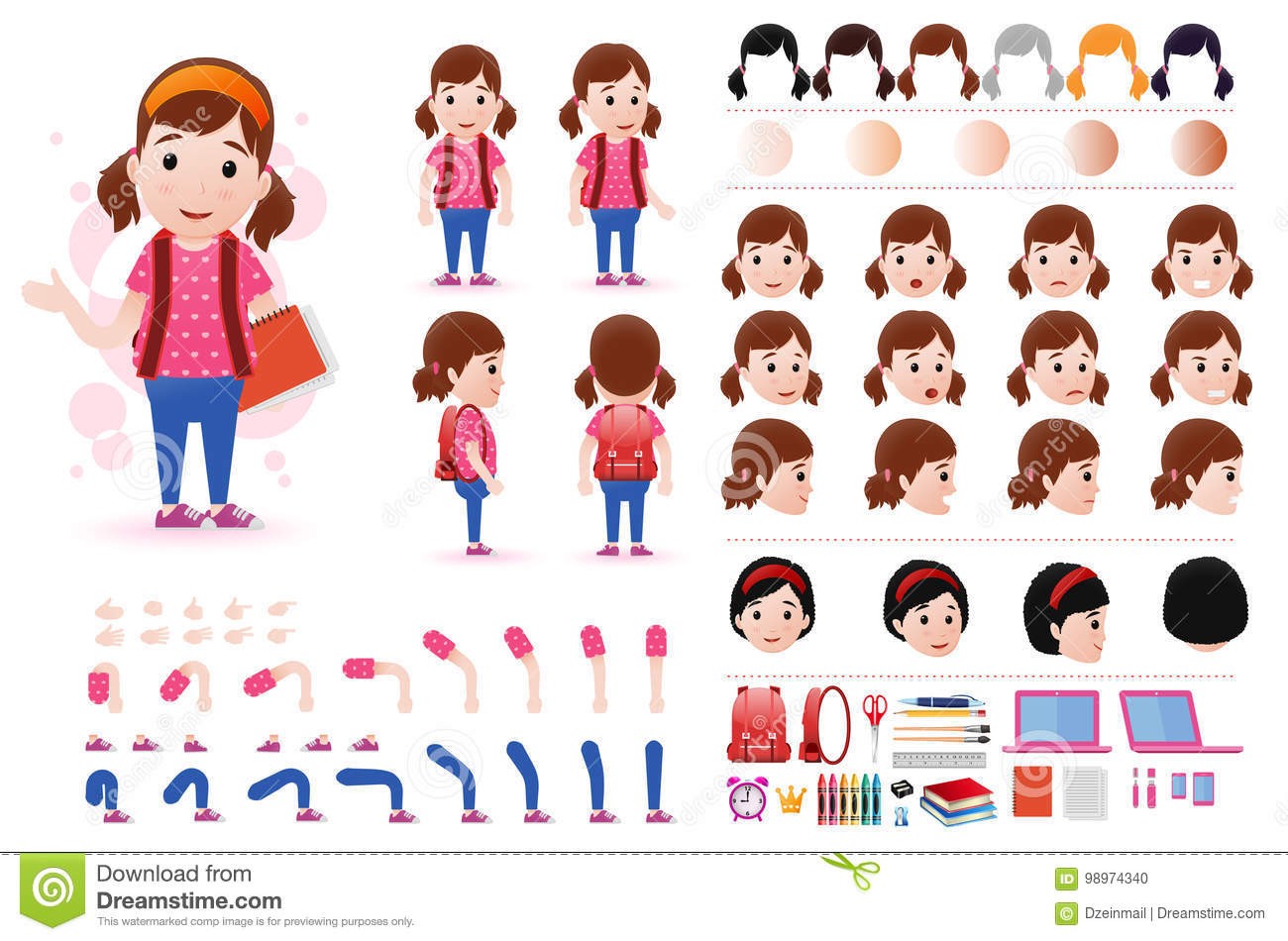 Little Girl Student Character Creation Kit Template With Different