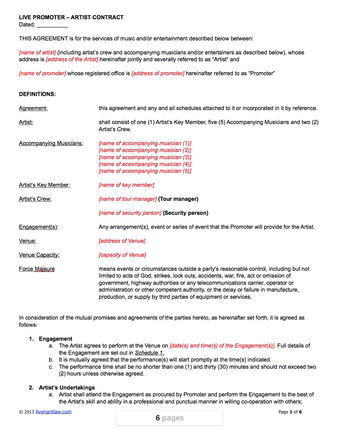 Live Promoter Artist Contract Template Document Agreement