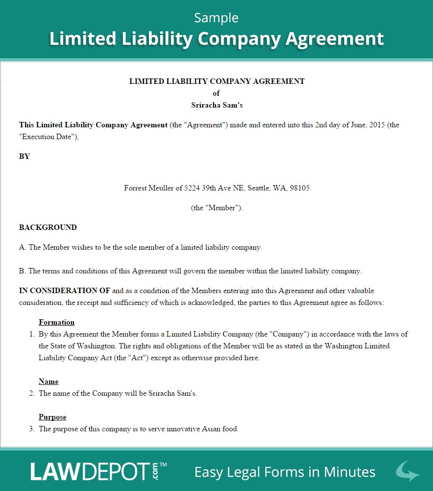 LLC Operating Agreement Template US LawDepot Document Limited Liability Sample