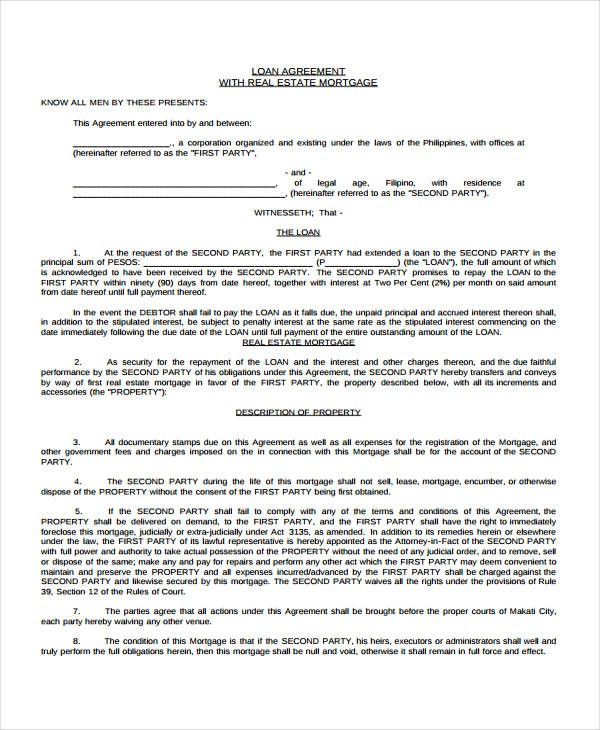 Loan Agreement Form Template Document Mortgage
