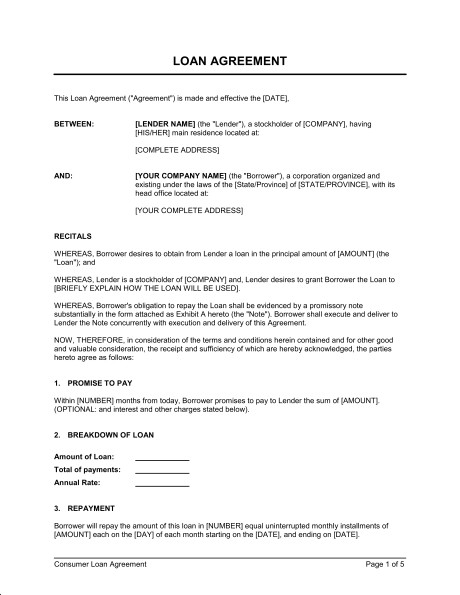 Loan Agreement Stockholder To Corporation Template Sample Form Document