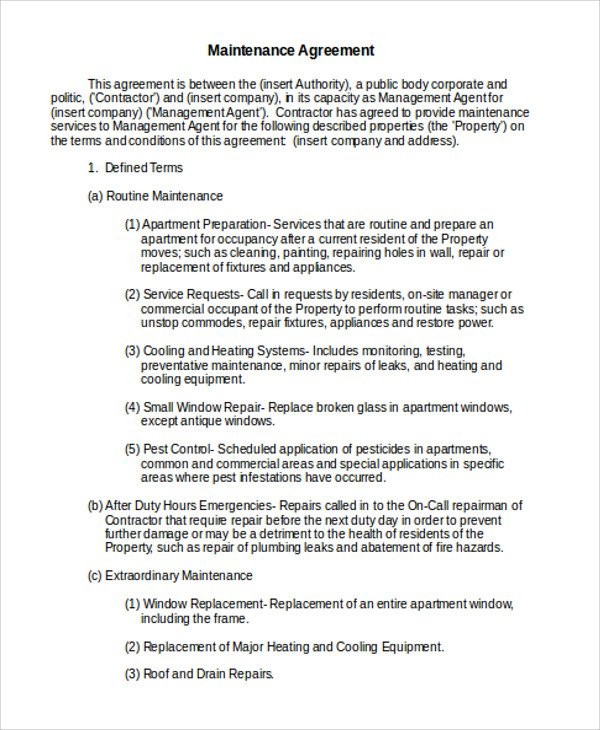 Maintenance Agreement Templates 8 Free Word PDF Format Download Document Home Contract