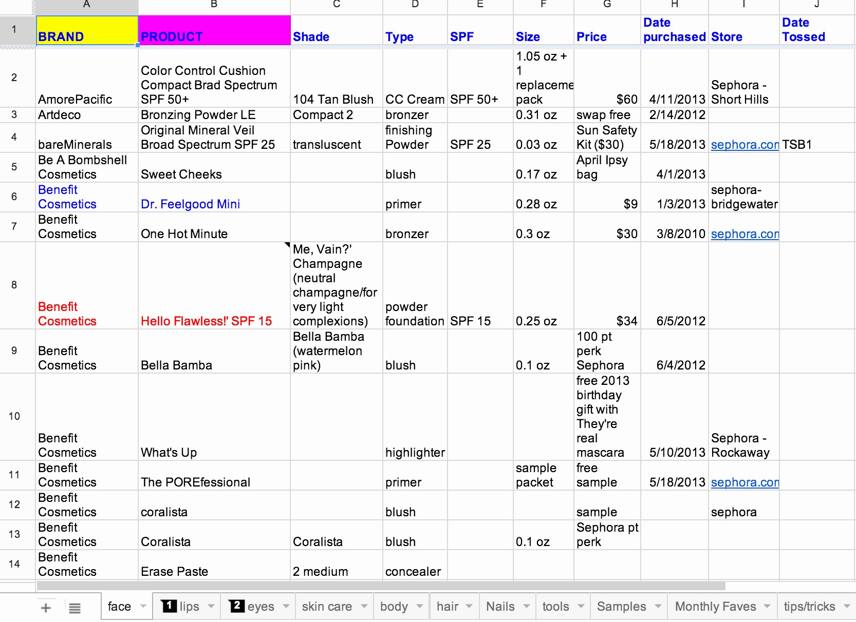 Makeup Spreadsheet New Awesome Inventory