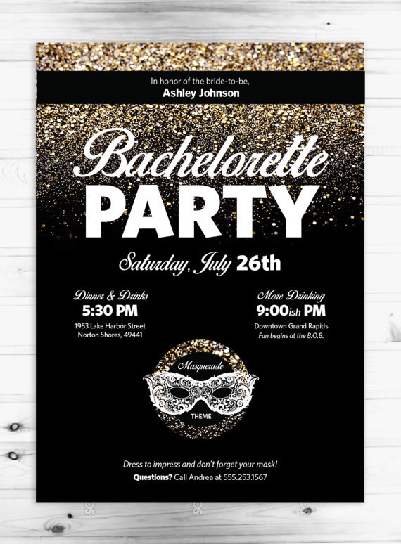 Masquerade Bachelorette Party 5x7 Invitation Digital Or Printed Document Invitations