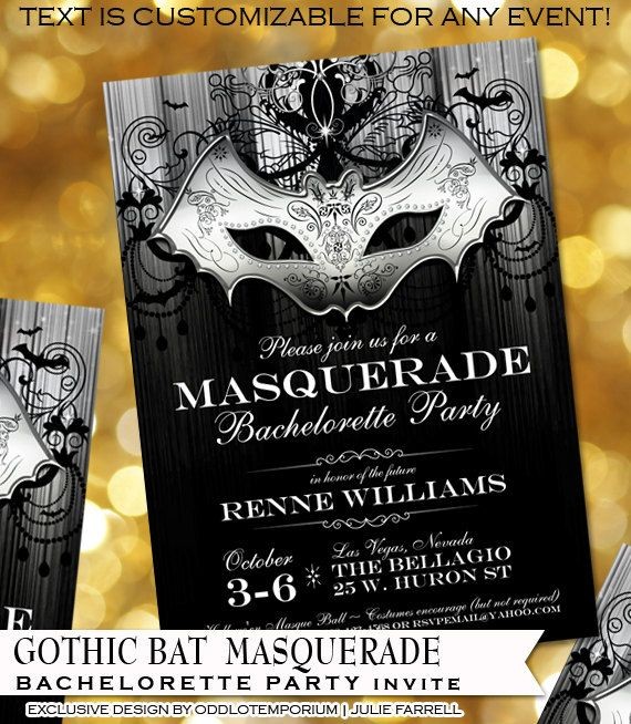 Masquerade Party Invitation Halloween Invite Gothic Bat Mask Document Bachelorette