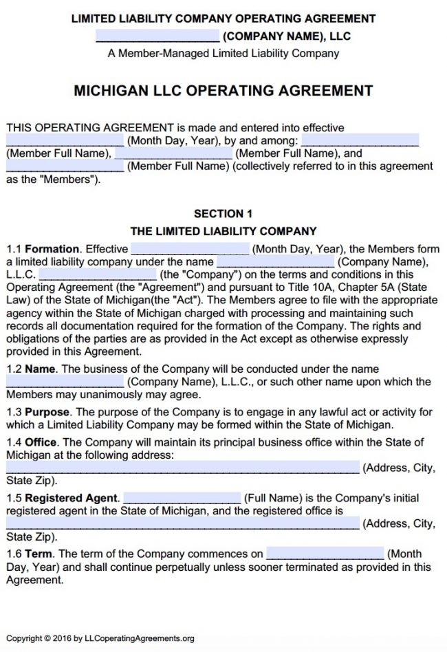 Michigan Multi Member LLC Operating Agreement Free Document Llc Template