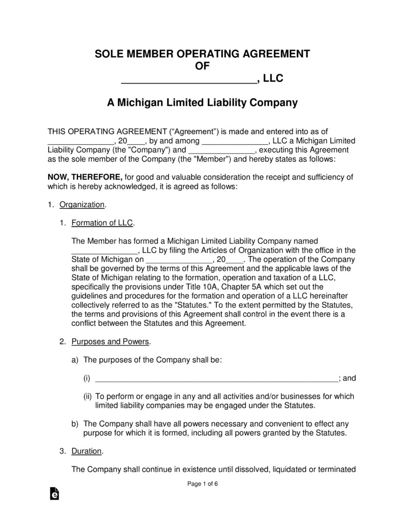Michigan Single Member LLC Operating Agreement Form EForms Free Document Llc