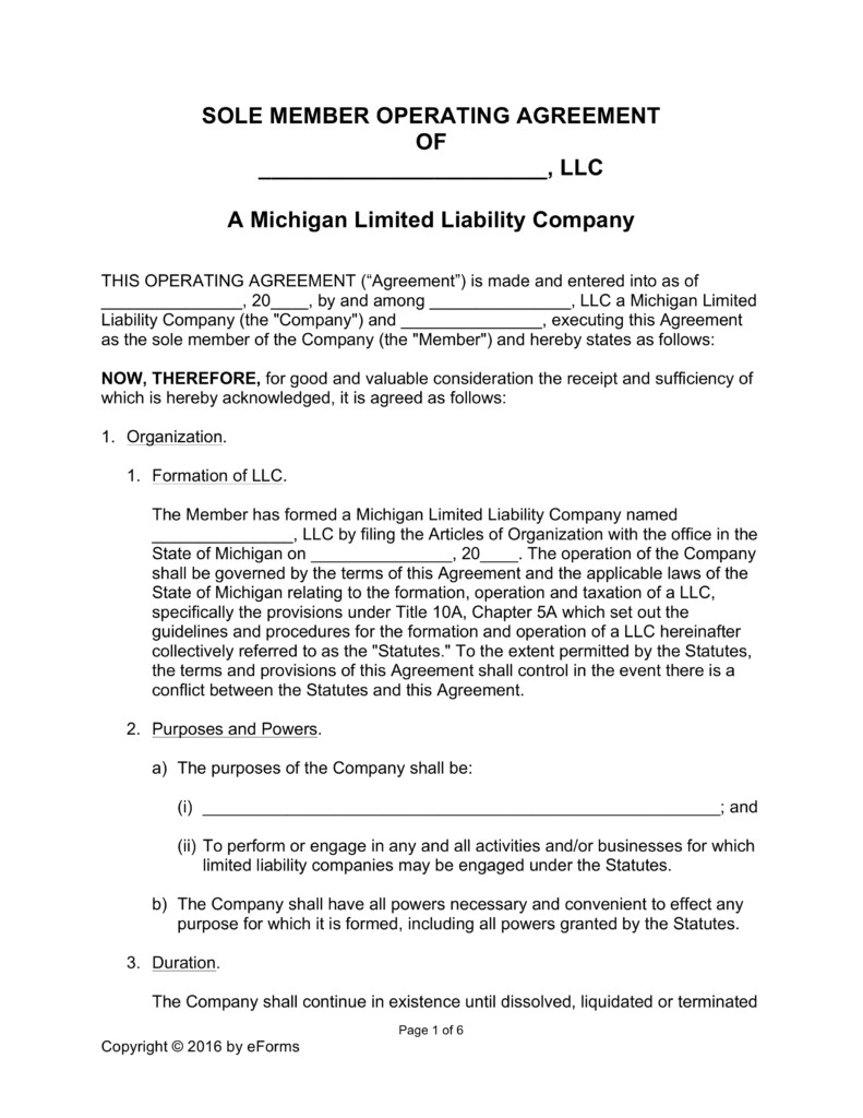 Michigan Single Member Llc Operating Agreement Template 791x1024