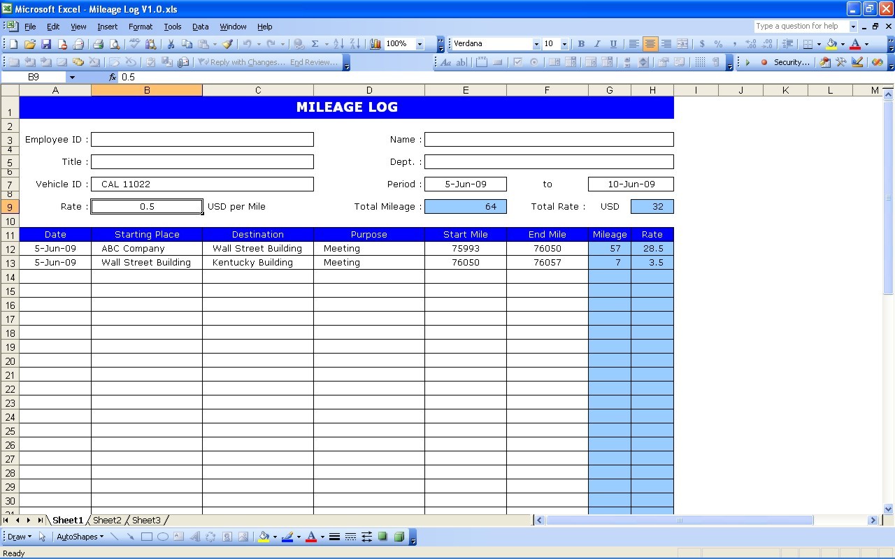 Mileage Log Excel Templates Document Spreadsheet For Irs