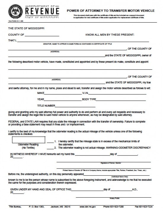Mississippi Vehicle Power Of Attorney Form Document