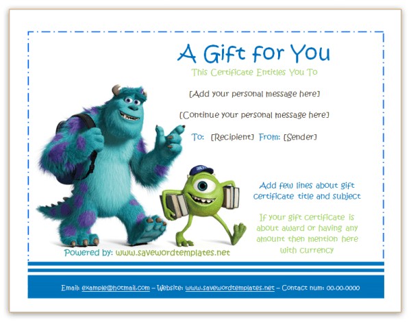 Monster University Gift Certificate Templates Document Disney Template