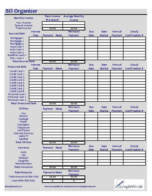 Monthly Bill Organizer Excel XLS Document Printable Spreadsheet
