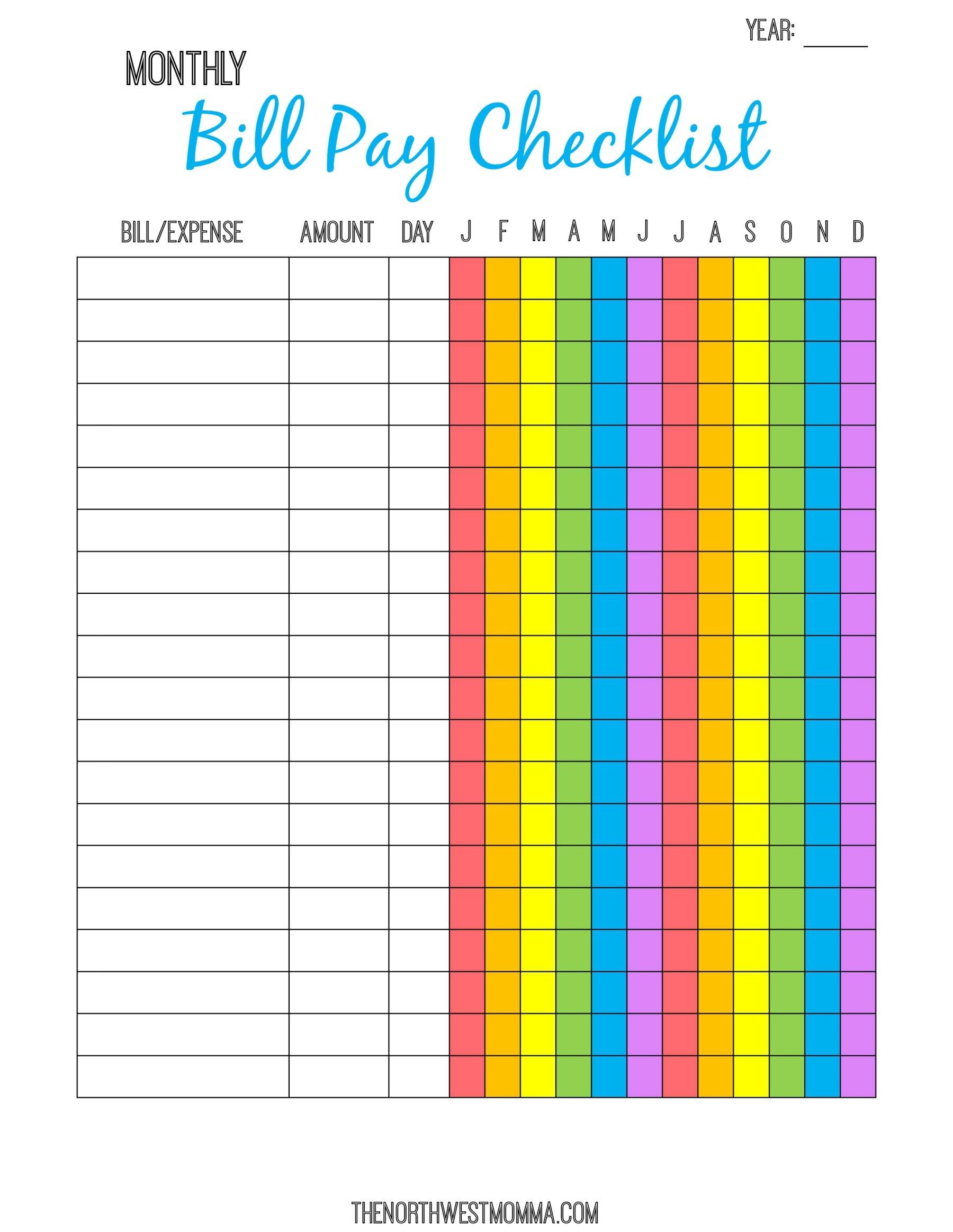 Monthly Bill Pay Checklist Free Printable Saving Money Document Paying