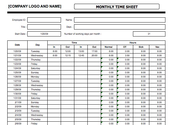 Monthly Time Sheet Template Microsoft Excel Templates Document Timesheet With