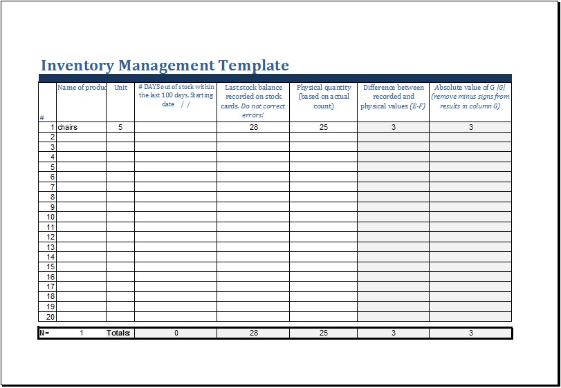 MS Excel Printable Inventory Management Template Templates Document