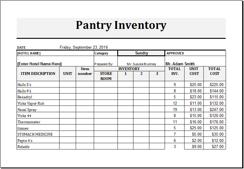 MS Excel Printable Pantry Inventory Template Templates Food