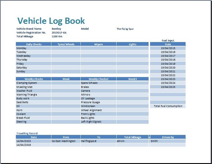 MS Excel Vehicle Log Book Template Word Templates Document Free Download
