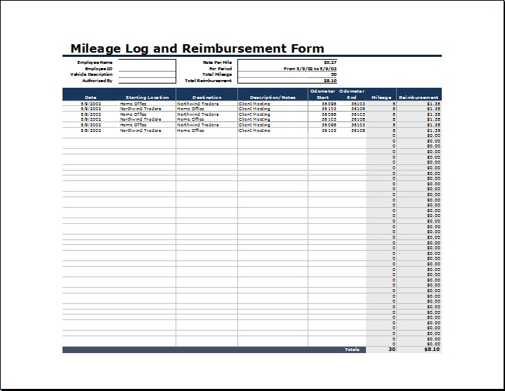 MS Excel Vehicle Mileage Log Template Word Templates Document Car