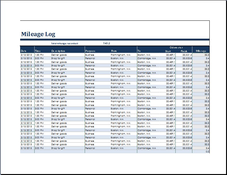 MS Excel Vehicle Mileage Log Template Word Templates Document Real