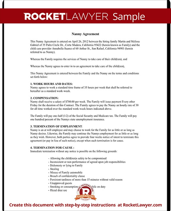 Nanny Agreement Sample Contract Rocket Lawyer Document Live In Template