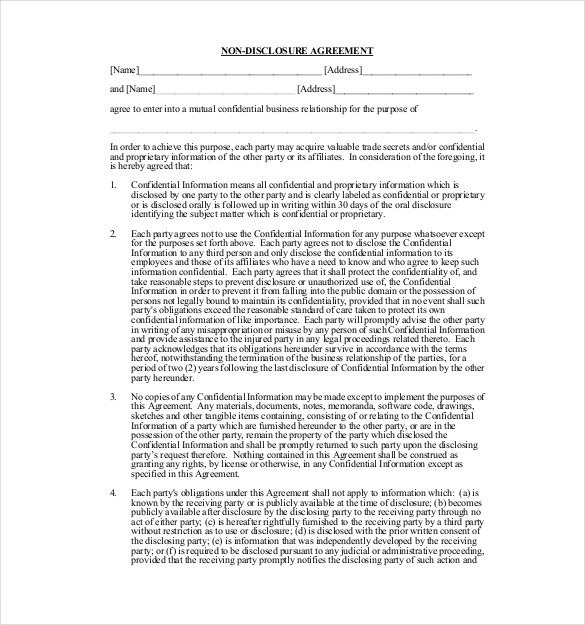 Non Disclosure Agreement Template 14 Free Word Excel PDF Document Generic