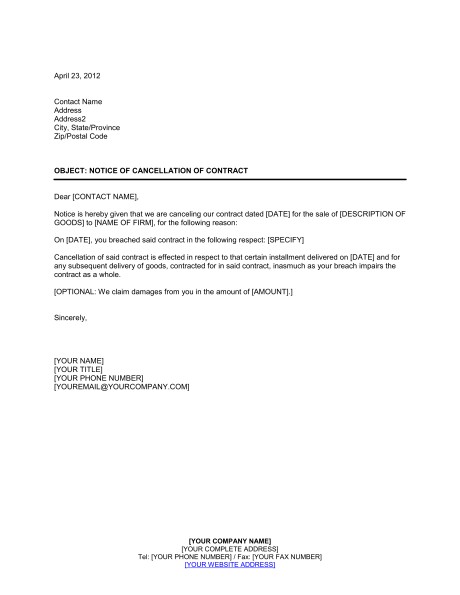 Notice Of Cancellation Contract Template Sample Form Document