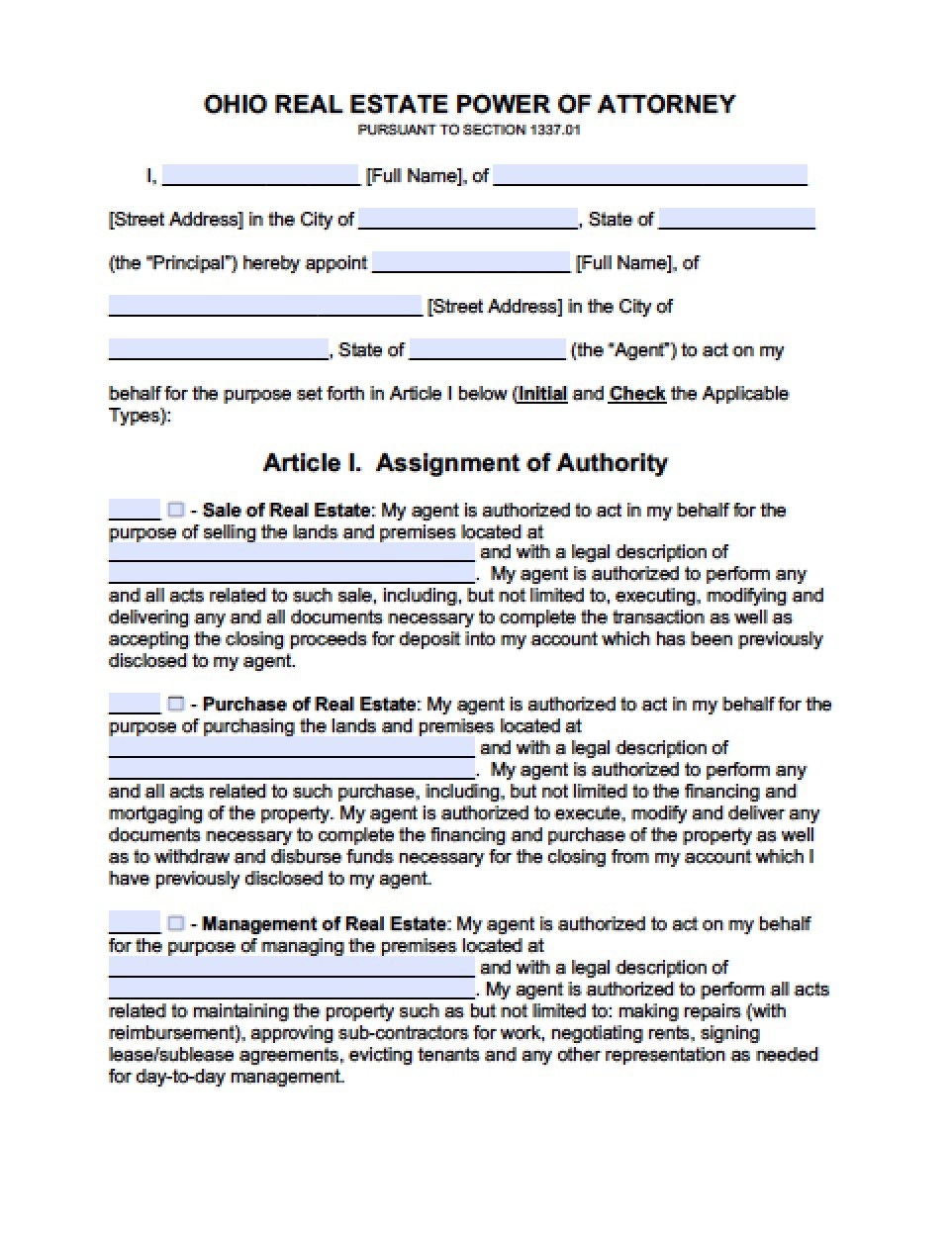 Ohio Real Estate ONLY Power Of Attorney Form Document Durable Template