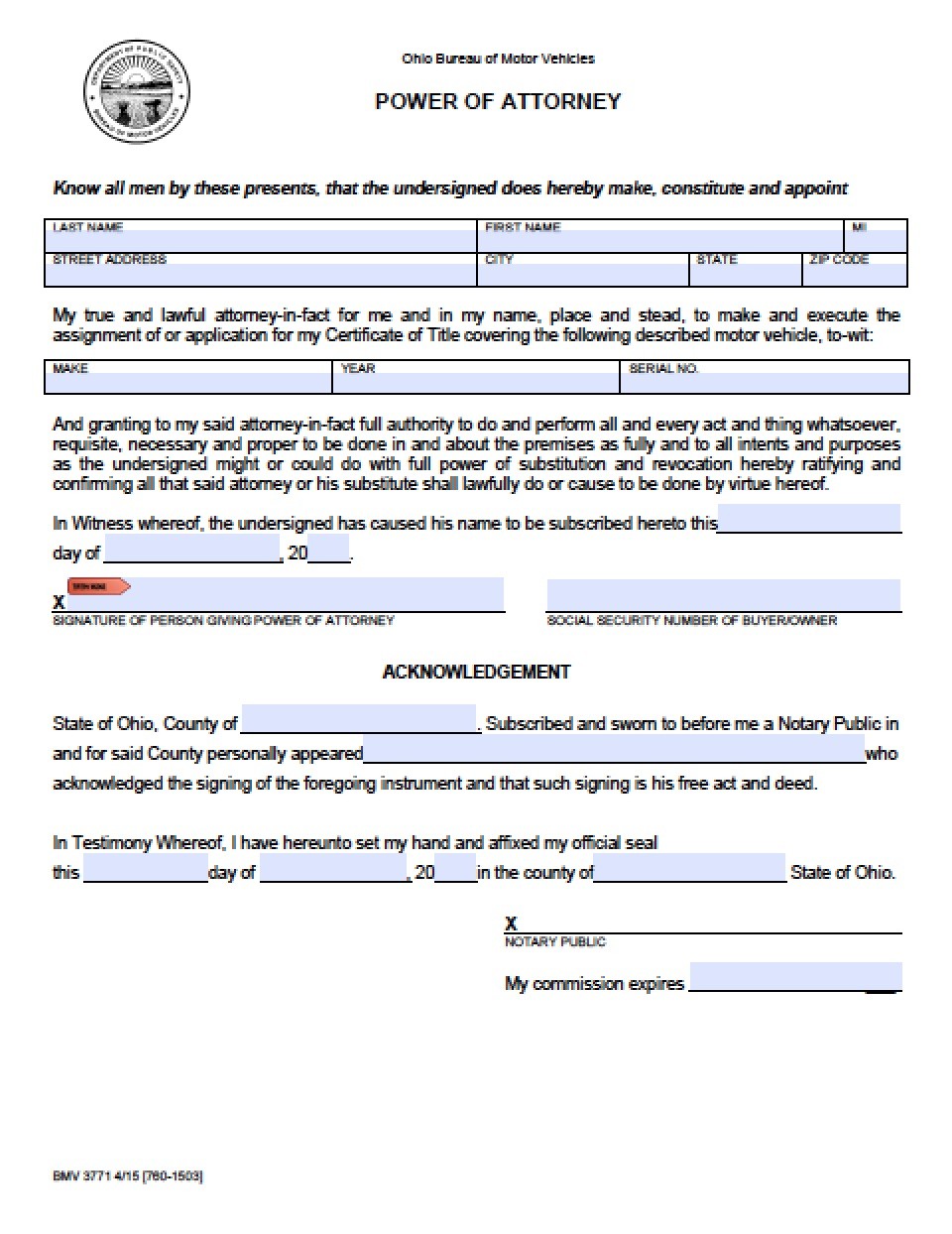Ohio Vehicle Power Of Attorney Form Document Durable Template
