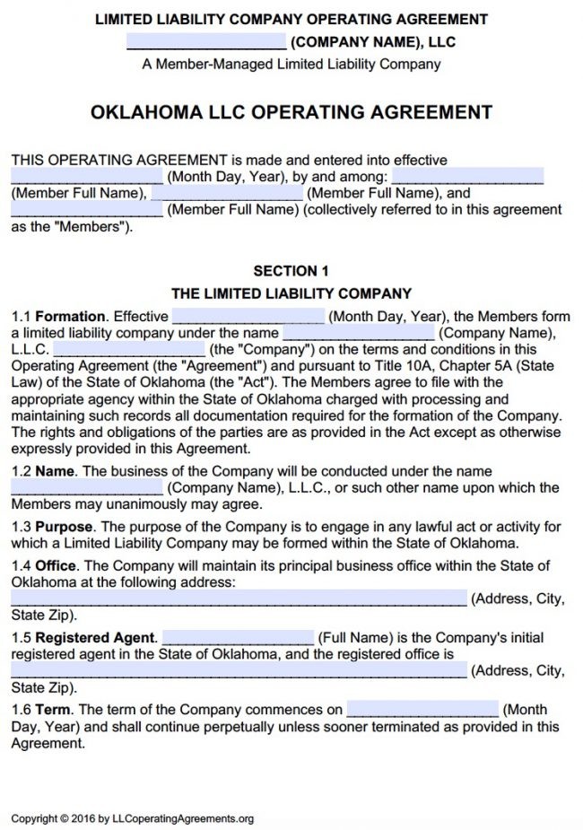 Oklahoma Multi Member LLC Operating Agreement Free Document