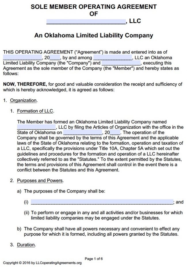 Oklahoma Single Member LLC Operating Agreement Template Document
