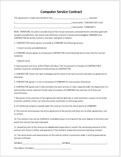 One Page Computer Service Contract For MS Word Excel S Document