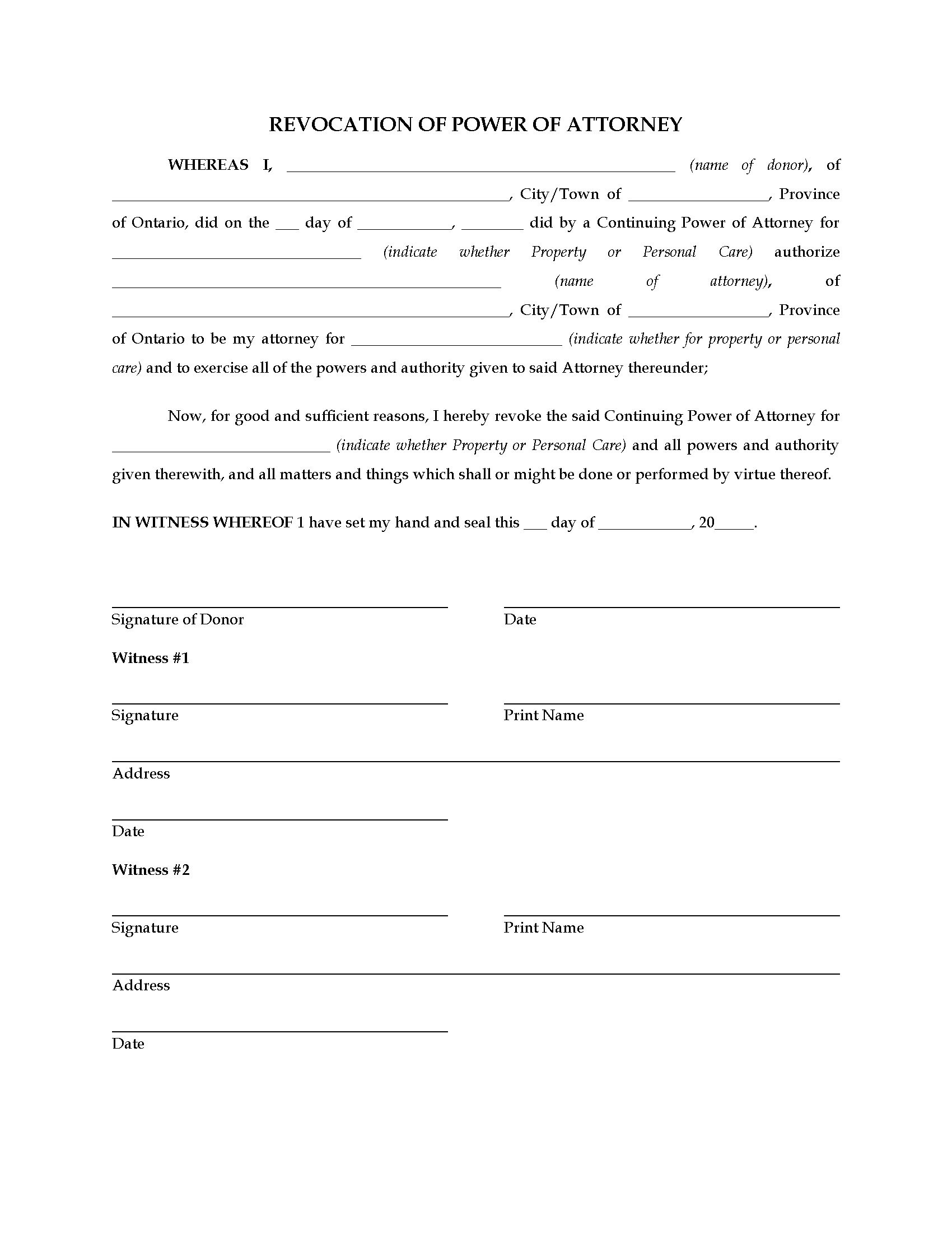 Ontario Revocation Of Power Attorney Legal Forms And Business Document