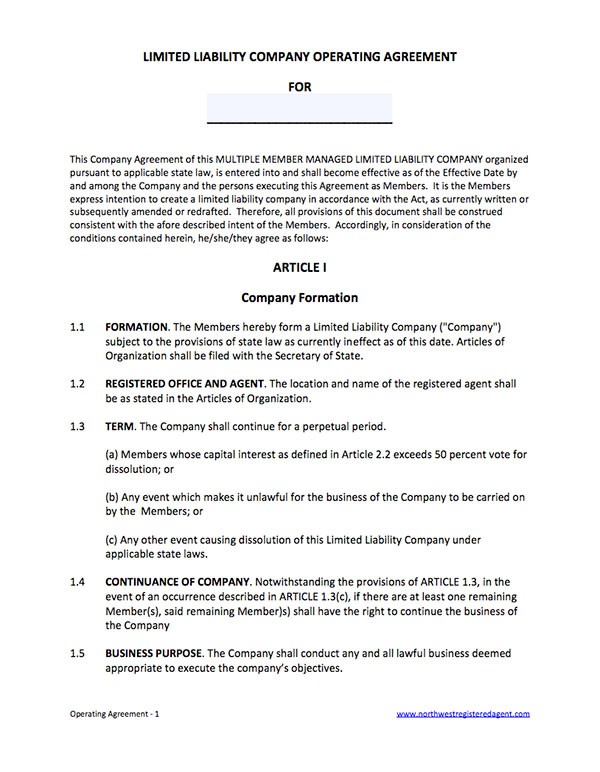 Oregon Llc Operating Agreement Template Document Arizona