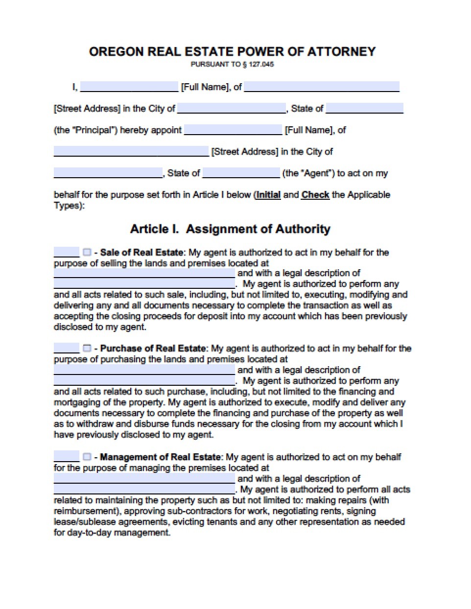 Oregon Real Estate ONLY Power Of Attorney Form Document